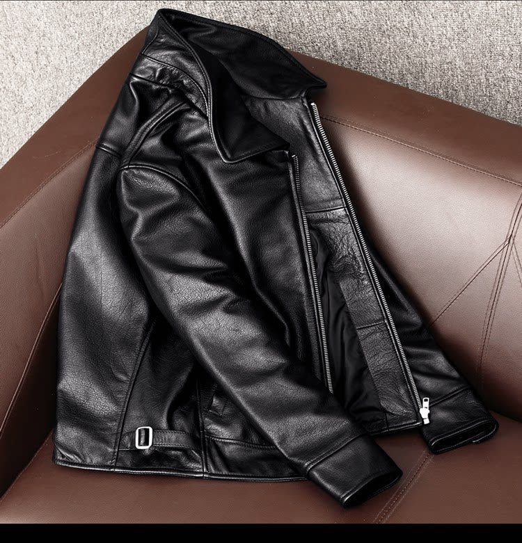 New simple pure top layer cowhide soft leather jacket men's leather jacket short slim lapel jacket