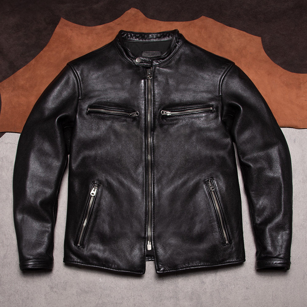 Stand-up collar motorcycle leather jacket vegetable-tanned top layer cowhide jacket men's leather slim cycling suit leather jacket