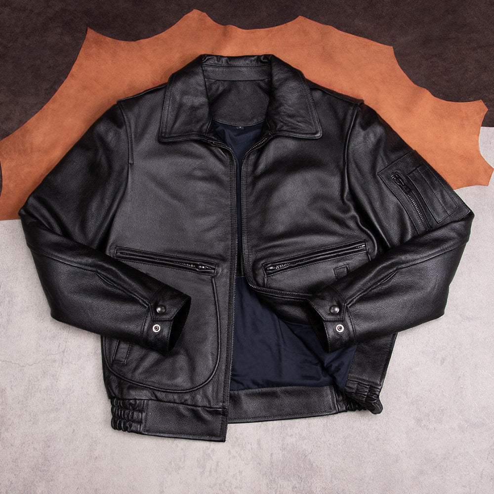 Top layer cowhide leather jacket men's autumn and winter new Korean version slim black jacket cropped top men's casual