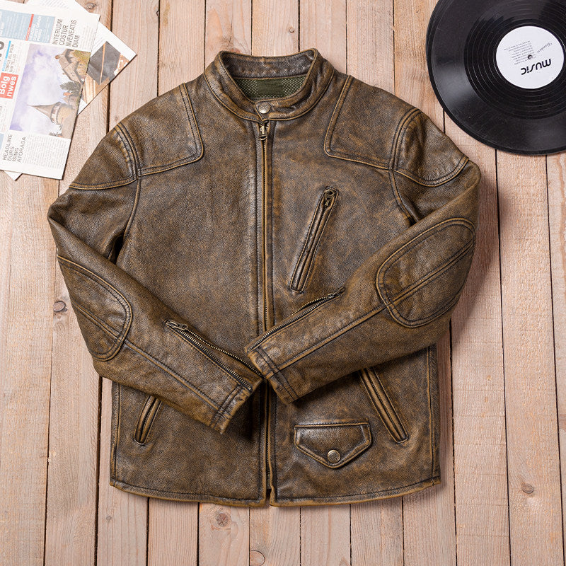 Venom yellow brown top layer calf leather men's classic leather jacket motorcycle riding jacket new arrival stand-up collar top vintage