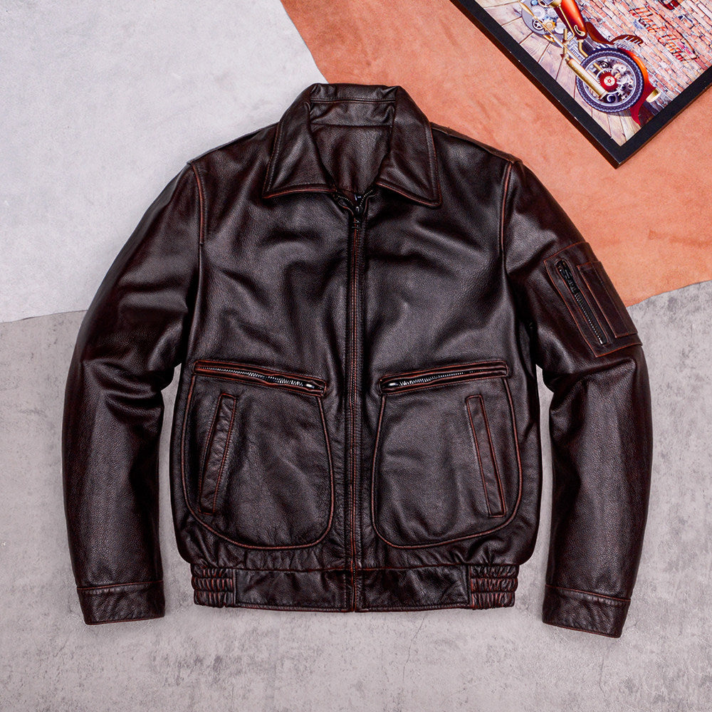 New stone mill old flight suit, top layer cowhide leather jacket, men's jacket, motorcycle vintage plus-size spring and autumn jacket