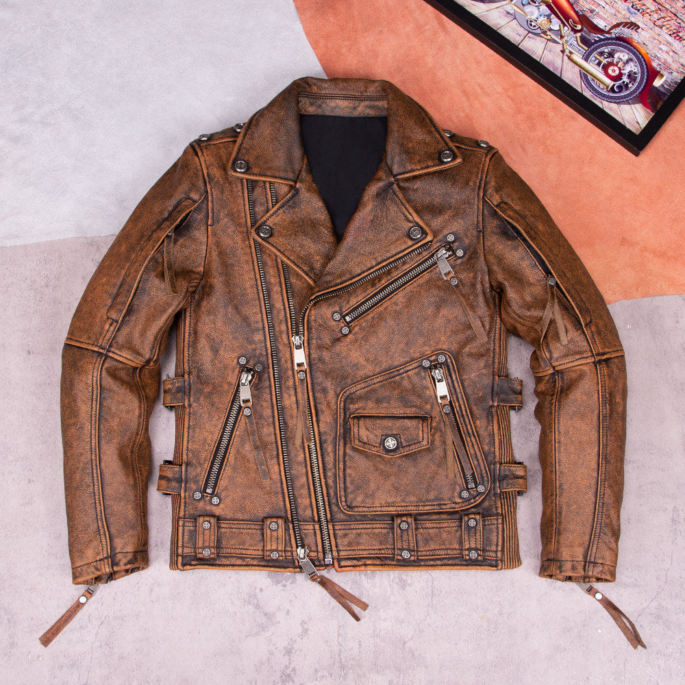 Classic Harley motorcycle suit top layer cowhide leather leather jacket men's nostalgic retro old leather jacket motorcycle jacket