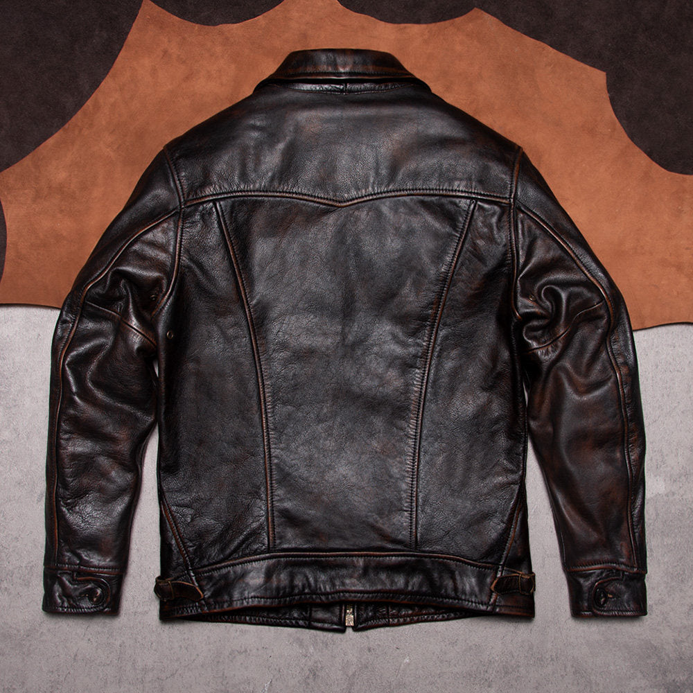 Classic American vintage Mendoza tea core top layer cowhide leather jacket men's jacket motorcycle leather jacket