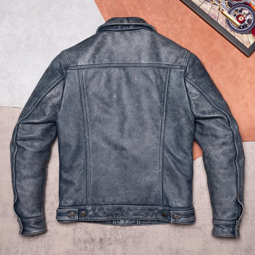 507 classic top-layer cowhide men's leather jacket vintage distress leather jacket top-layer leather denim jacket