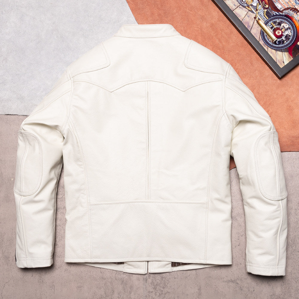 Top layer calfskin white venom biker jacket classic stand-up collar American vintage leather men's leather jacket jacket