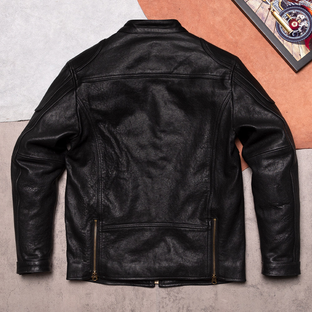 Vegetable-tanned sheepskin men's leather jacket slim fit versatile leather jacket men's cropped black autumn and winter stand-up collar