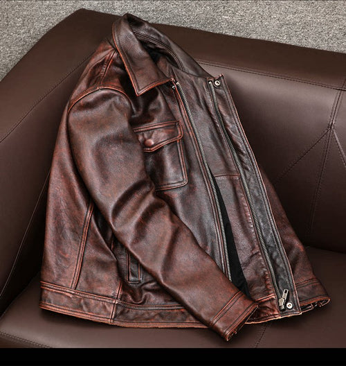Ami clicks on the top layer of cowhide leather leather jacket men's motorcycle vintage old leather jacket