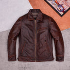 Mulholland Road soft top layer cowhide loose casual leather jacket brown genuine leather jacket men's coat cropped top