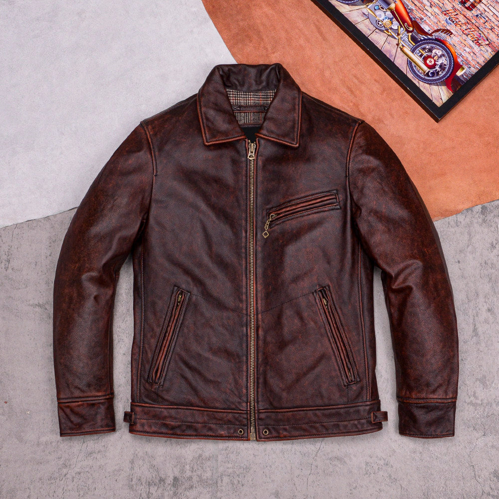 Mulholland Road soft top layer cowhide loose casual leather jacket brown genuine leather jacket men's coat cropped top