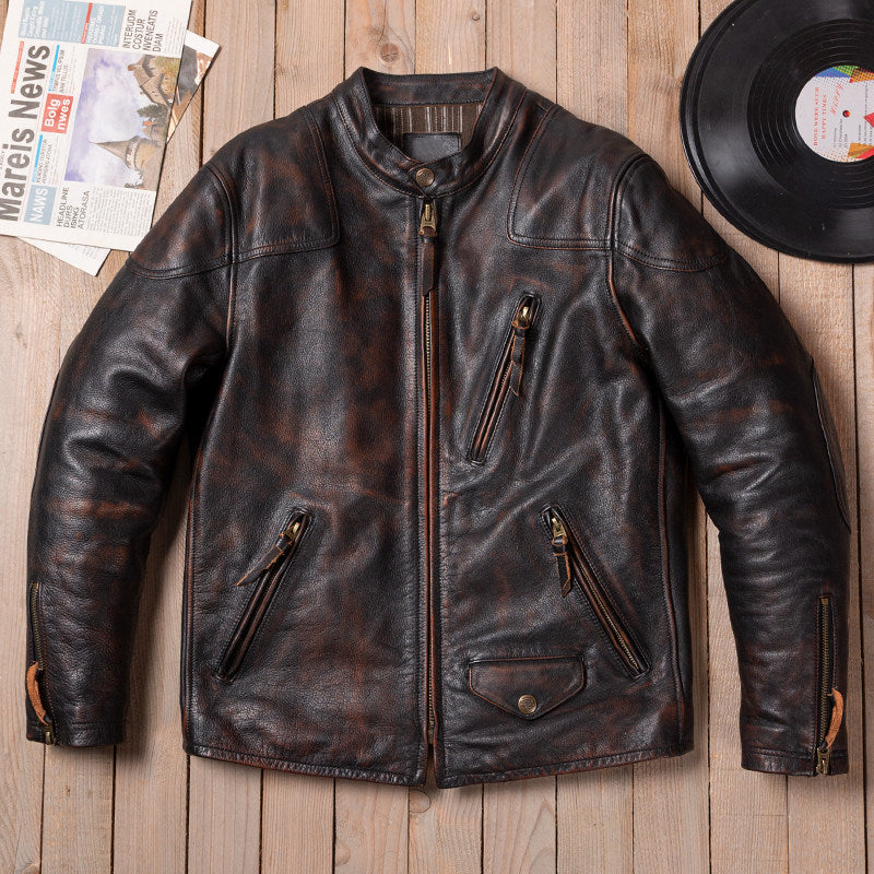 Venom hand-polished top layer calfskin men's slim stand-up collar leather leather motorcycle riding leather jacket jacket