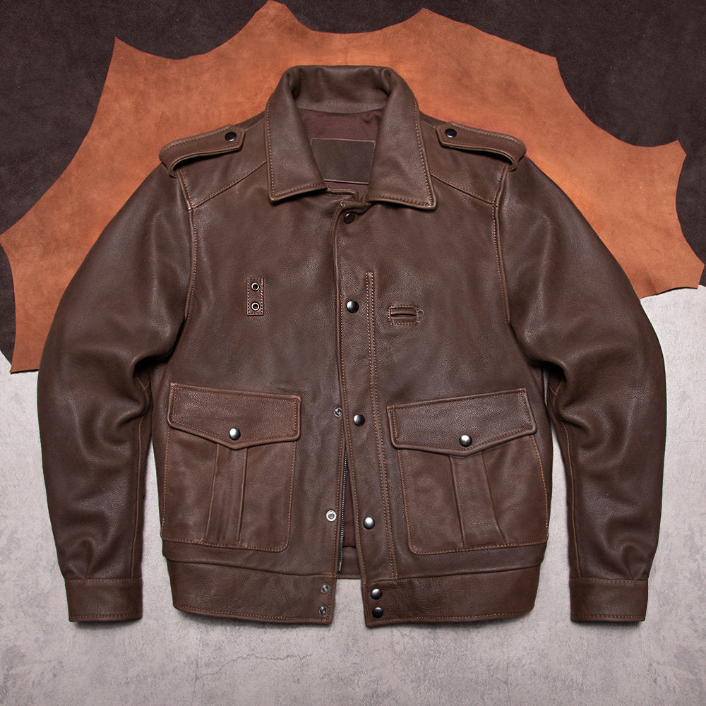 Full-grain uncoated calfskin California Mounted Police leather jacket vintage American workwear men's genuine leather jacket