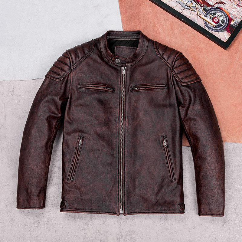 Heavy top layer cowhide leather jacket men's stand-up collar slim motorcycle suit vintage distressed short plus size leather jacket