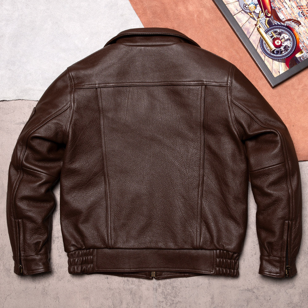 Top layer cowhide leather leather jacket men's 02 flight suit men's lapel short plus size casual leather jacket spring and autumn jacket