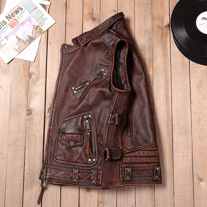 Reddish-brown Harley vest locomotive top layer cowhide leather leather jacket men's short cycling leather vest multi-zip pocket