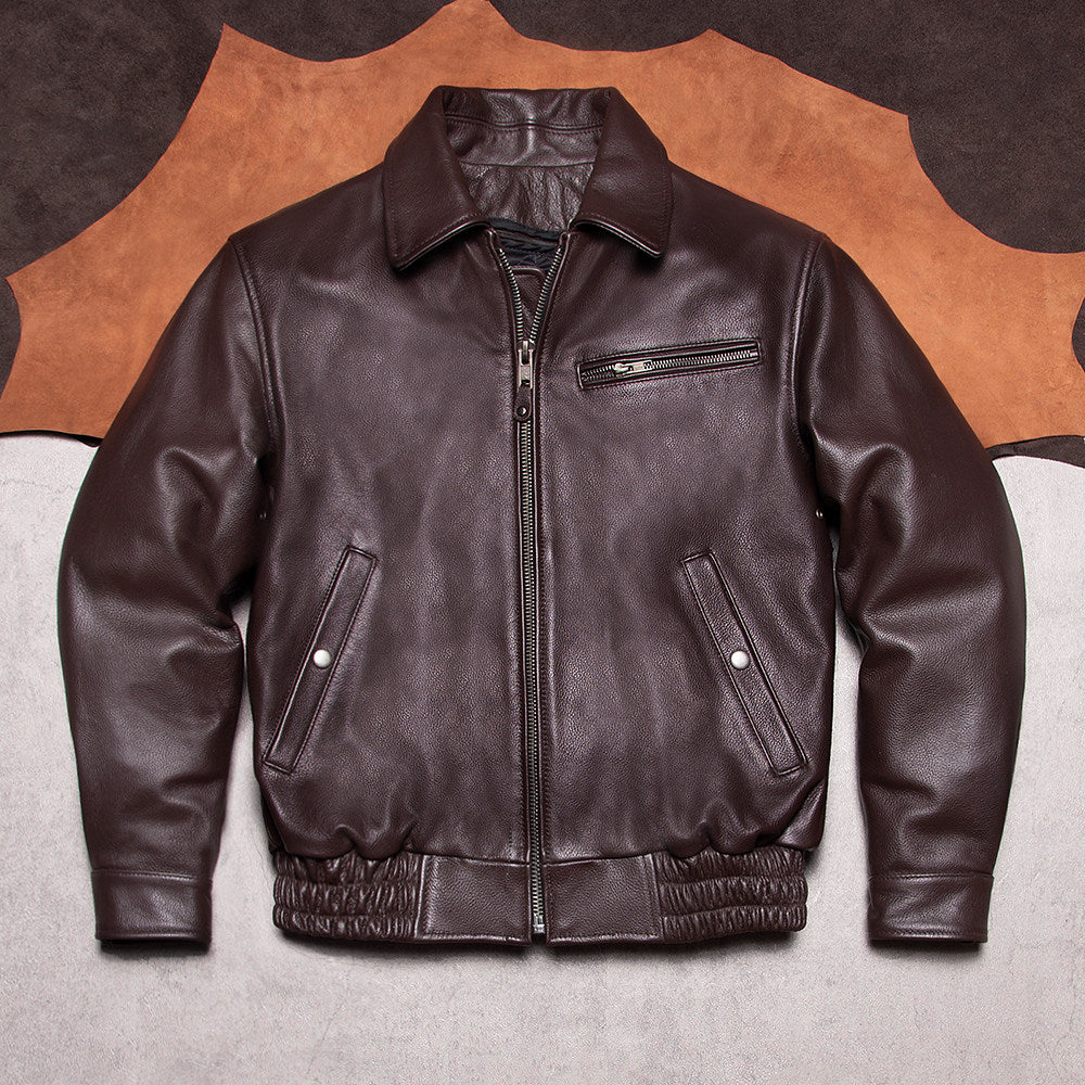 Cotton plus size port style wide lapel removable liner men's flight suit top layer cowhide leather jacket