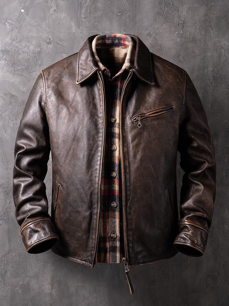American Vintage Mendoza Washed Farmer Stone-Ground Distressed First-Layer Cowhide Motorcycle Leather Jacket