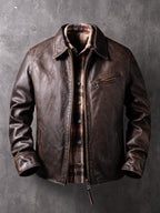 American Vintage Mendoza Washed Farmer Stone-Ground Distressed First-Layer Cowhide Motorcycle Leather Jacket