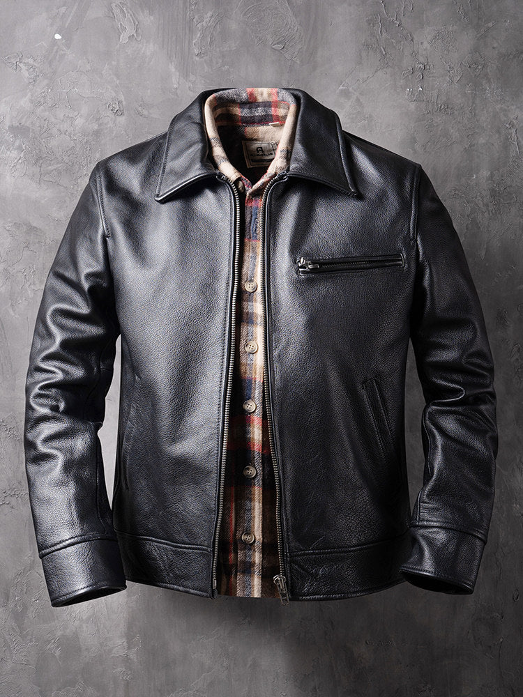 Spring and Autumn New Genuine Leather Jackets, Men's Cowhide Motorcycle Jackets, Short Lapel Jackets, Thin Fashion Trends
