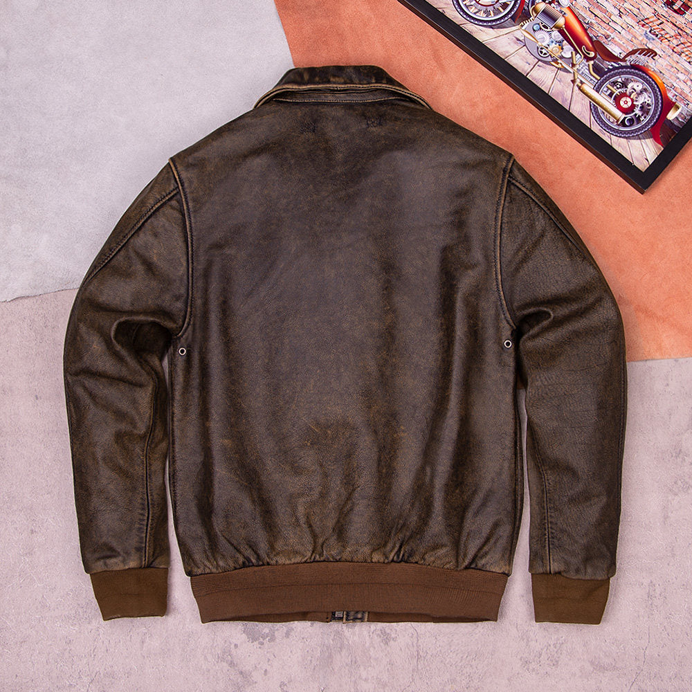 New A2 leather flight suit jacket men's retro distressed washed pure top layer cowhide leather plus size jacket autumn and winter