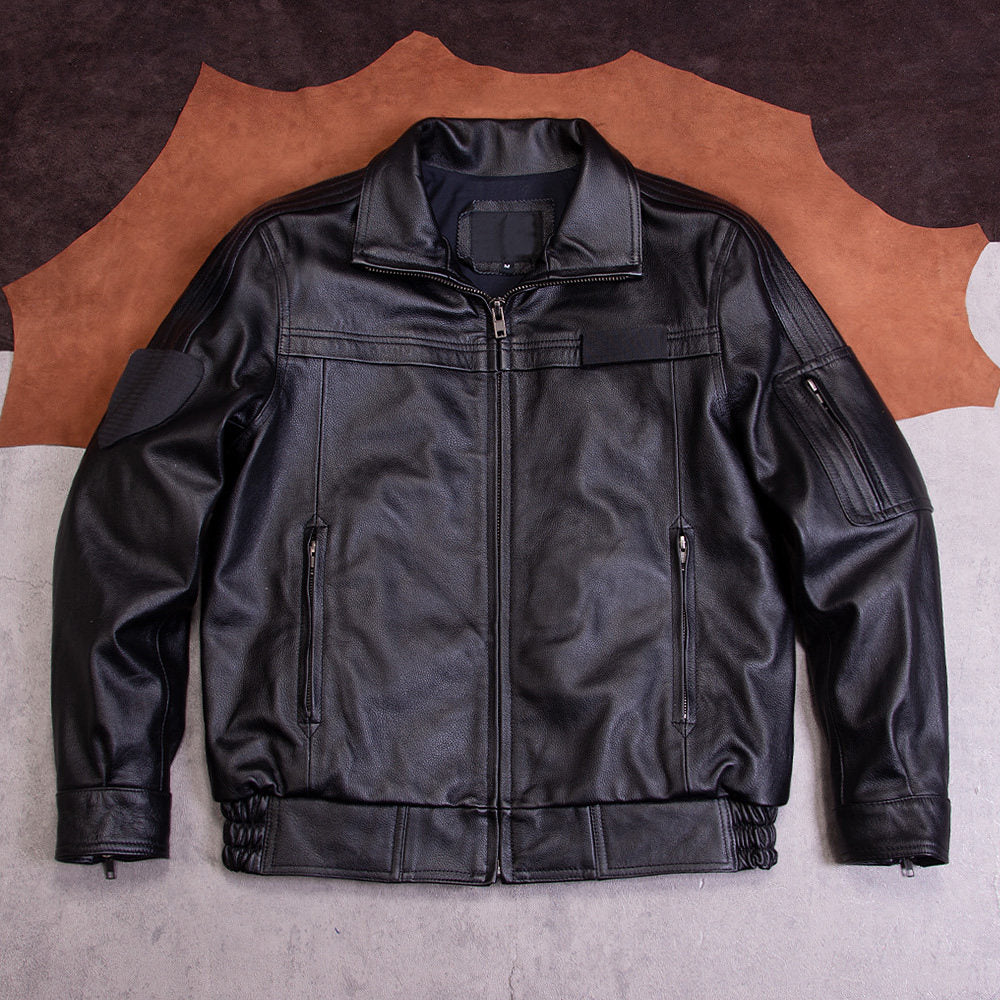Top layer cowhide lapel leather jacket men's casual black leather jacket jacket zipper short simple men's clothes