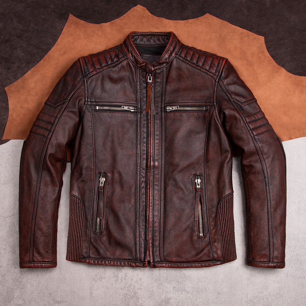 Heavy Harley motorcycle suit top layer cowhide leather jacket men's riding leather jacket vintage distressed stand-up collar jacket
