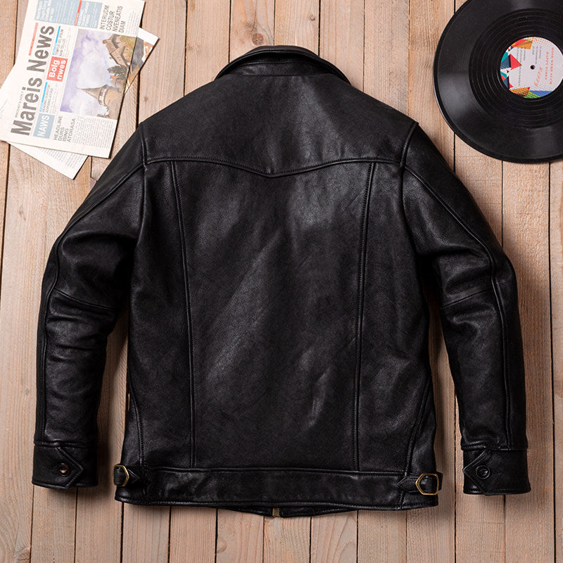 Classic Vintage Mendoza Farmer Genuine Leather Jacket Men's Vegetable-Tanned Sheepskin Lapel Slim Fit Leather Jacket Jacket