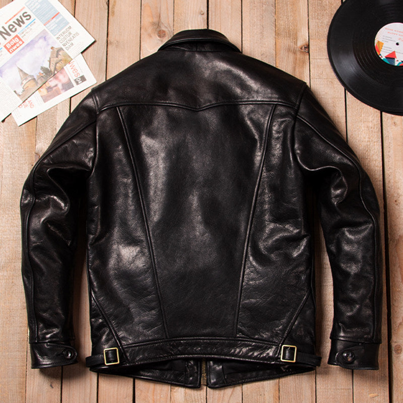 Vintage Mendoza Farmer Cowhide Heavy Washed Genuine Leather Autumn Winter Lapel Classic Casual Leather Jacket Jacket Black
