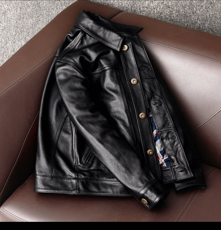 New pure top layer cowhide leather leather jacket men's plus size denim jacket fashion casual men's lapel jacket