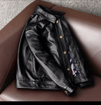 New pure top layer cowhide leather leather jacket men's plus size denim jacket fashion casual men's lapel jacket