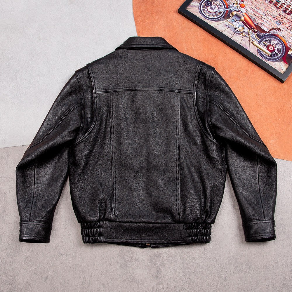 Retro Hong Kong-style men's leather jacket wide leather jacket unpainted water-dyed goatskin Daddy men's lapel leather jacket