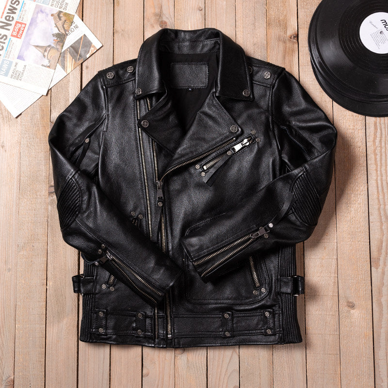 Black top layer cowhide men's leather jacket multi-zip motorcycle suit vintage Harley riding spring and autumn motorcycle suit men's style