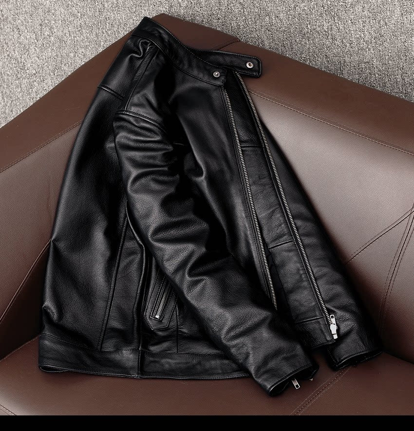 Pure top layer soft cowhide leather jacket men's middle-aged casual short stand-up collar leather jacket jacket