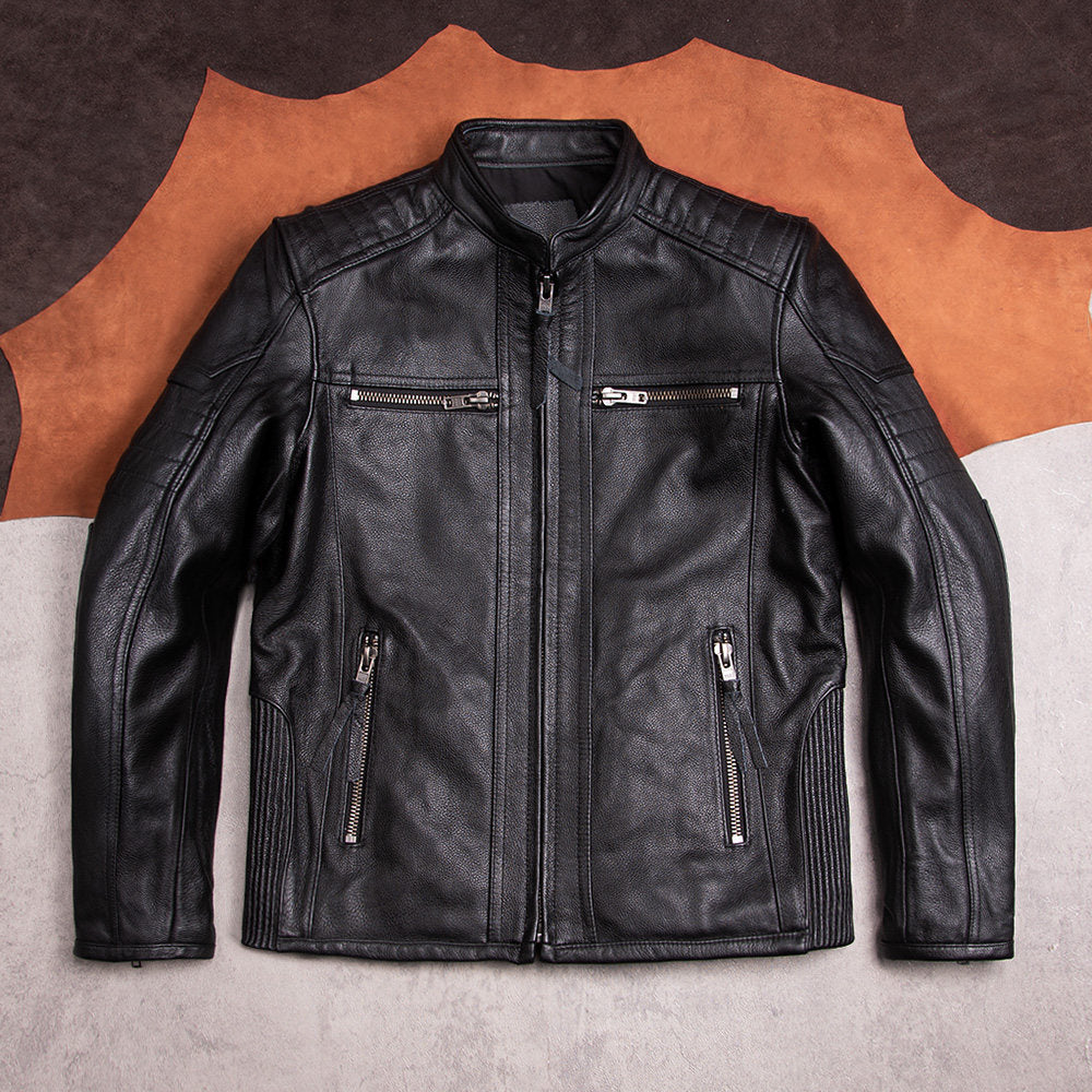 Top layer cowhide men's slim leather jacket leather jacket stand-up collar short cycling motorcycle casual top autumn and winter