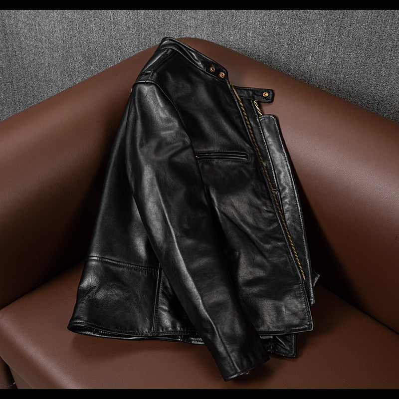Top layer tea core horseskin leather jacket men's J100 motorcycle suit short slim stand-up collar autumn leather jacket jacket