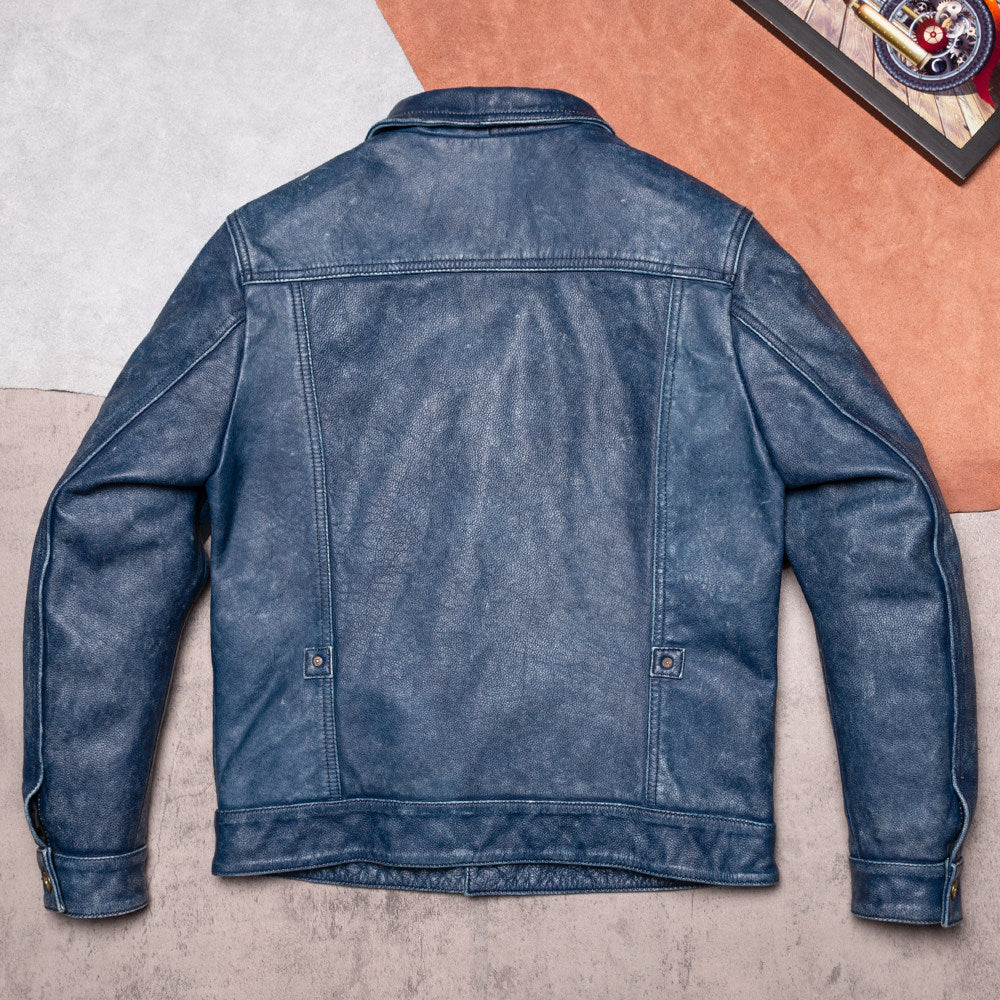 506 Vintage Distressed Cargo Leather Jacket Men's Lapel Slim Top Layer Cowhide Jacket Genuine Leather Denim Jacket