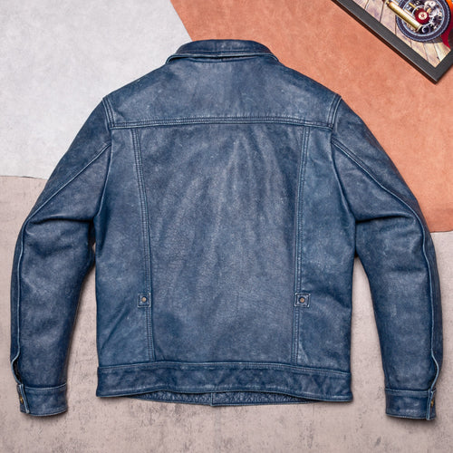 506 Vintage Distressed Cargo Leather Jacket Men's Lapel Slim Top Layer Cowhide Jacket Genuine Leather Denim Jacket