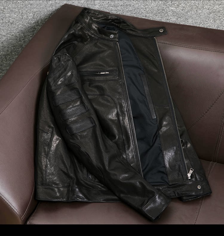 New sheepskin vegetable-tanned top layer leather jacket, men's motorcycle short stand-up collar leather jacket, fashion trend jacket