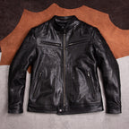 Vegetable-tanned sheepskin leather jacket men's motorcycle short stand-up collar jacket fashion trend black casual top jacket