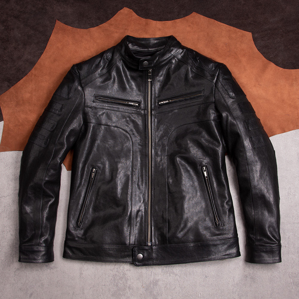 Vegetable-tanned sheepskin leather jacket men's motorcycle short stand-up collar jacket fashion trend black casual top jacket