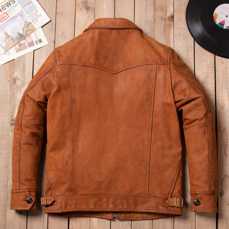 American vintage Mendoza washed into dirty calfskin leather jacket men's slim lapel moon pocket leather jacket