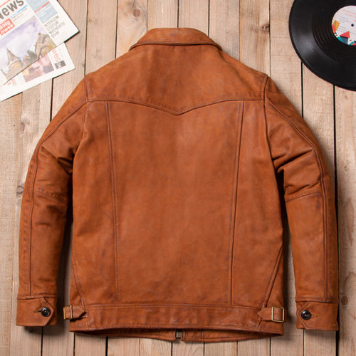 American vintage Mendoza washed into dirty calfskin leather jacket men's slim lapel moon pocket leather jacket