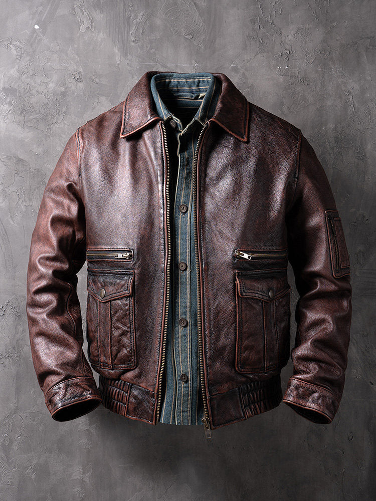 China Haining Genuine Leather Jacket Men's Biker Jacket Spring and Autumn Short Top Layer Cowhide Lapel Jacket Fashion Trend