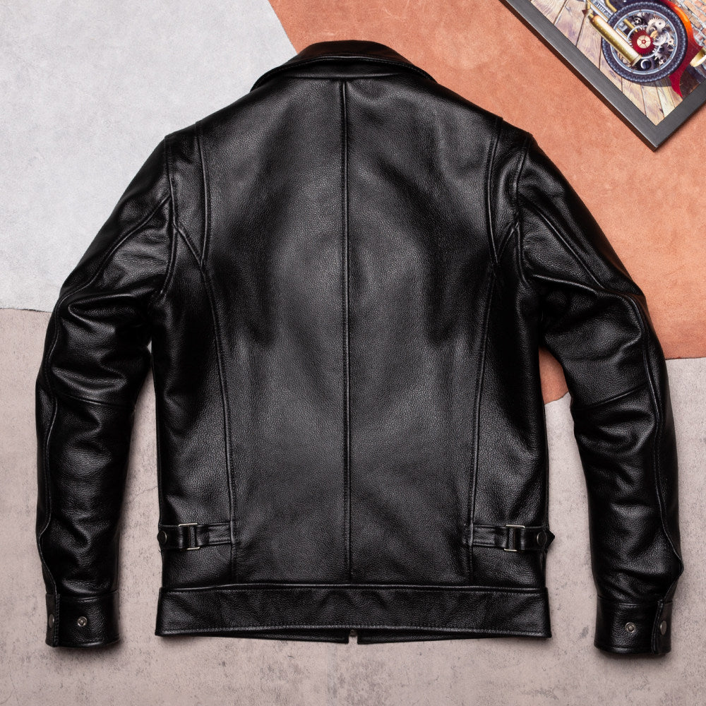Black top layer cowhide jacket men's retro distressed cargo jacket leather leather jacket men's Korean version slim lapels