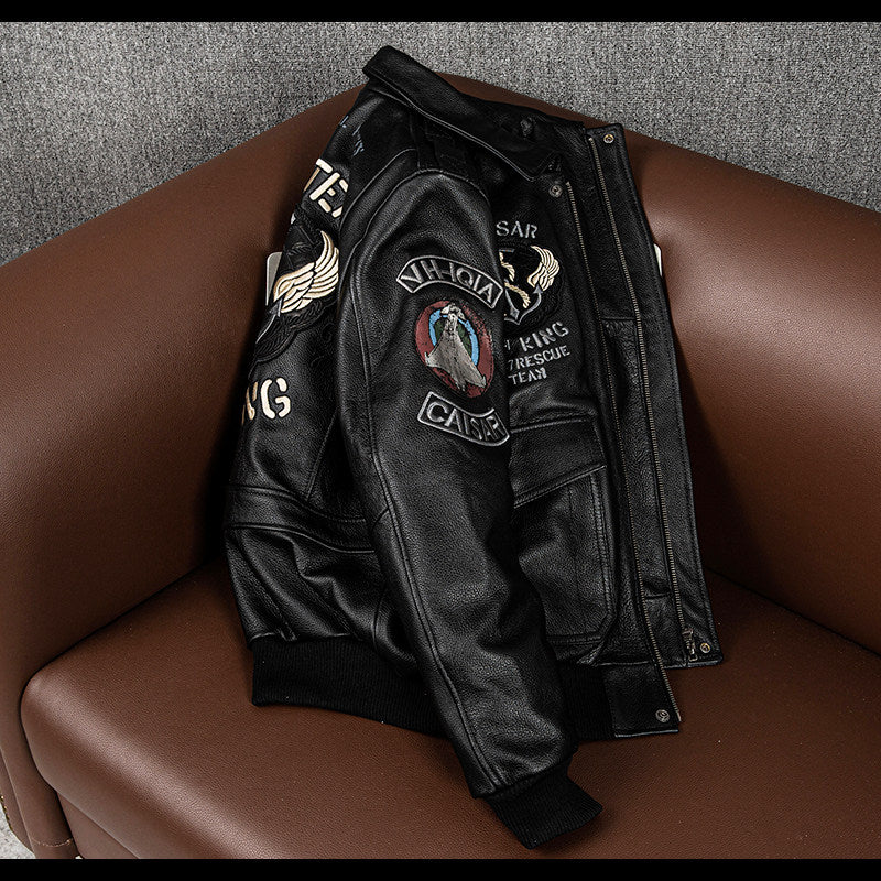Three-dimensional embroidery new leather jacket men's top layer cowhide flight suit jacket handsome trendy cropped jacket