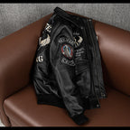 Three-dimensional embroidery new leather jacket men's top layer cowhide flight suit jacket handsome trendy cropped jacket