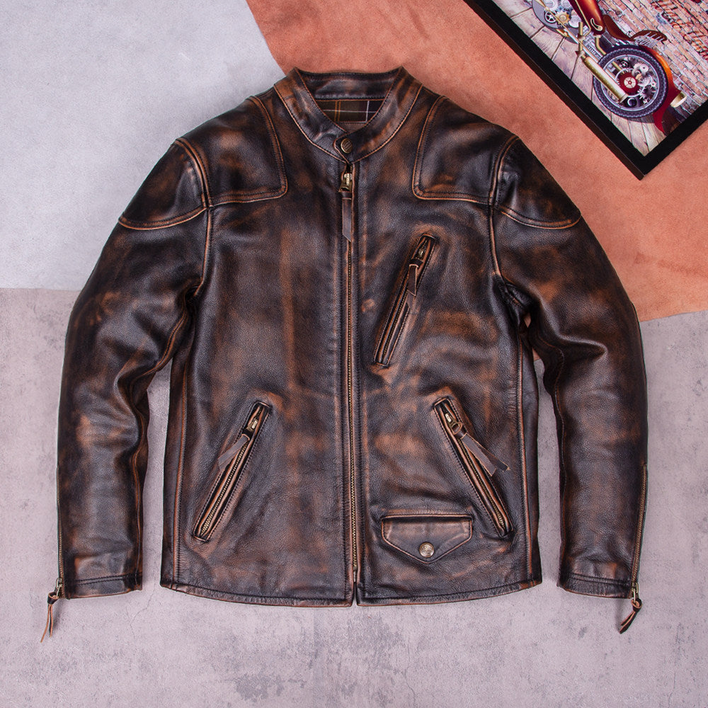 Venom is the same tea-core cowhide jacket for men to re-erase old stand-up collar Tom Hardy classic stand-up collar vintage leather jacket