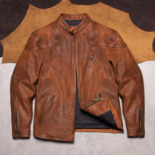American vintage men's full-grain uncoated matte venom jacket top layer cowhide short stand-up collar leather jacket