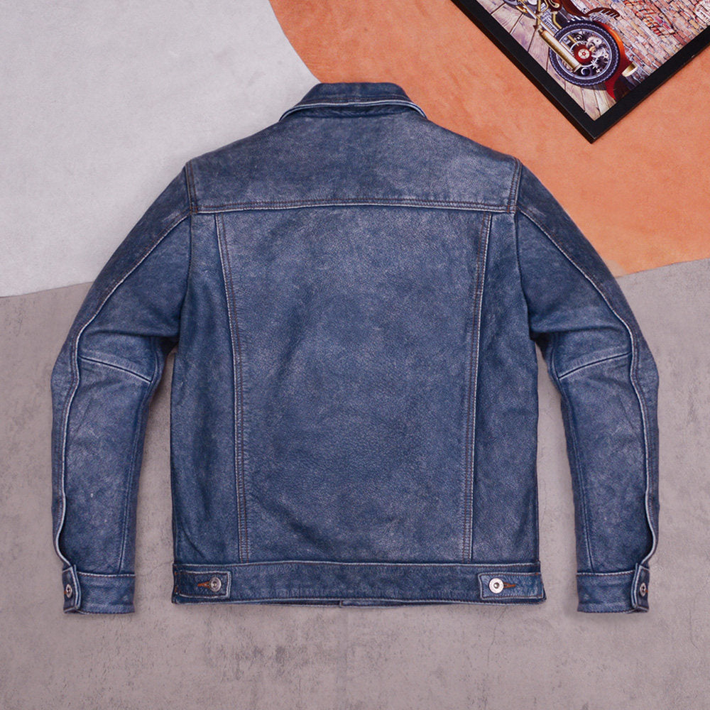 507 Ami click top layer cowhide leather leather jacket denim vintage stone mill old men's lapel jacket washed