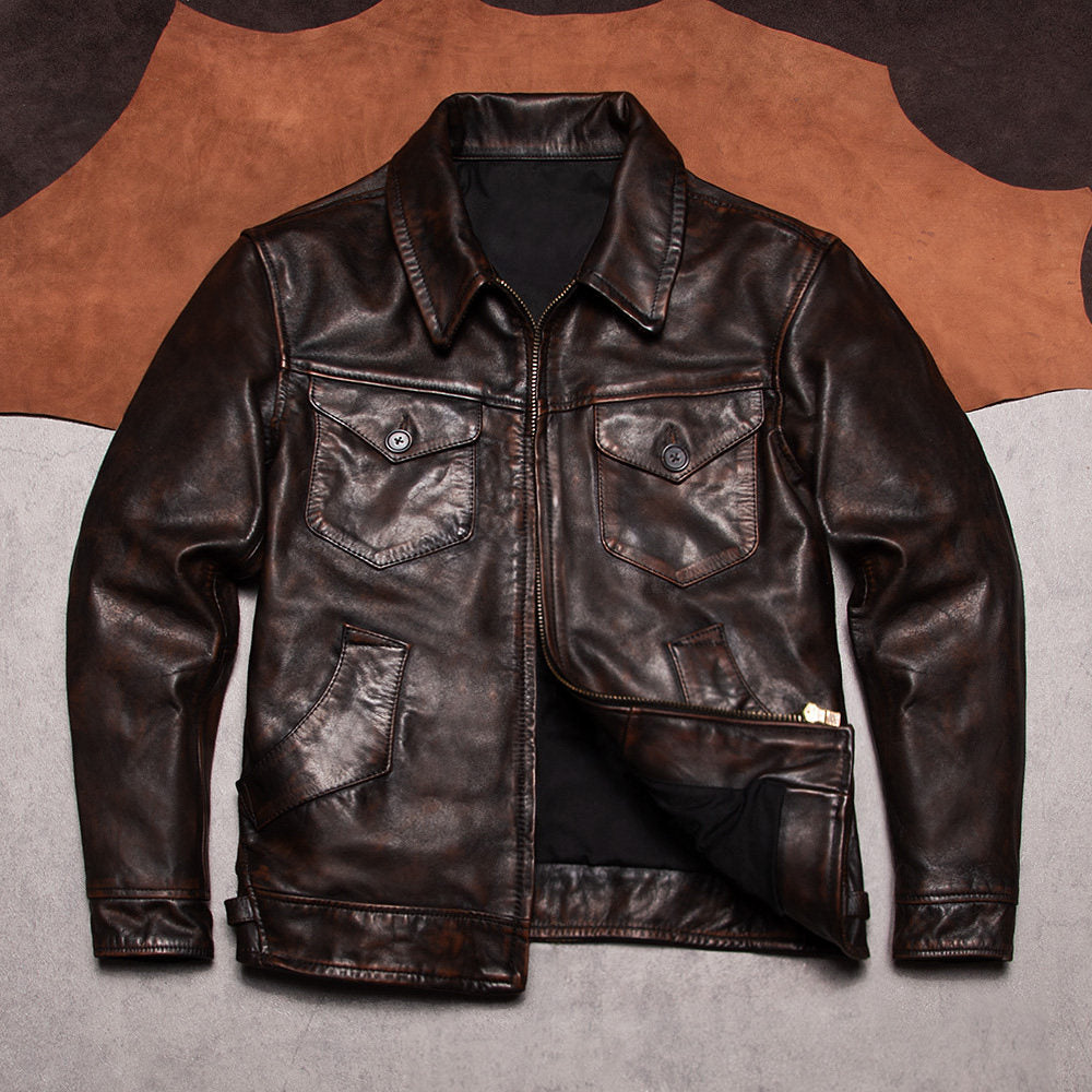 Mendoza RL American Vintage Leather Jacket Lapel Slim Tea Core Top Layer Cowhide Jacket Motorcycle Men's Vintage Jacket
