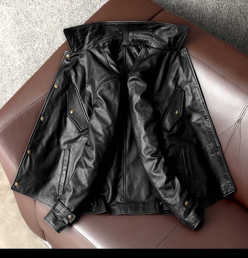 Handsome casual leather jacket pure top layer delicate calf leather leather jacket men's lapel short new coat